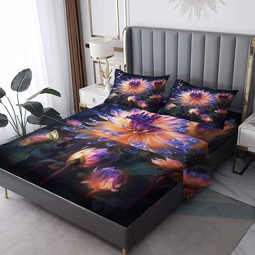 Sábanas florales tamaño Queen, sábanas de plantas de flores, sábanas y fundas de almohada con patrones de 4 piezas, sábana bajera ajustable de