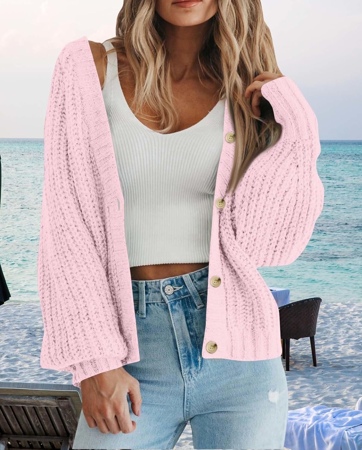 Ultimate Womens Thick Knit Cardigan Sweater Cozy Long Sleeve Button Loose Short Warm Cardigan Sweater - Image 3