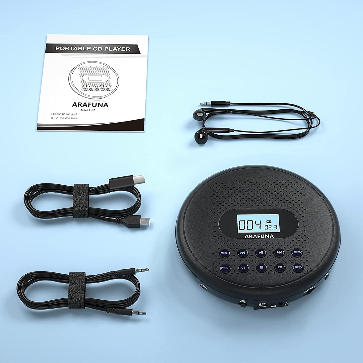 Arafuna Lecteur CD Portable avec Haut-parleurs et Batterie Lithium Intégré de 1400 mAh, Lecteur CD avec Protection Anti-Saut, Baladeur CD avec Casque et câble AUX