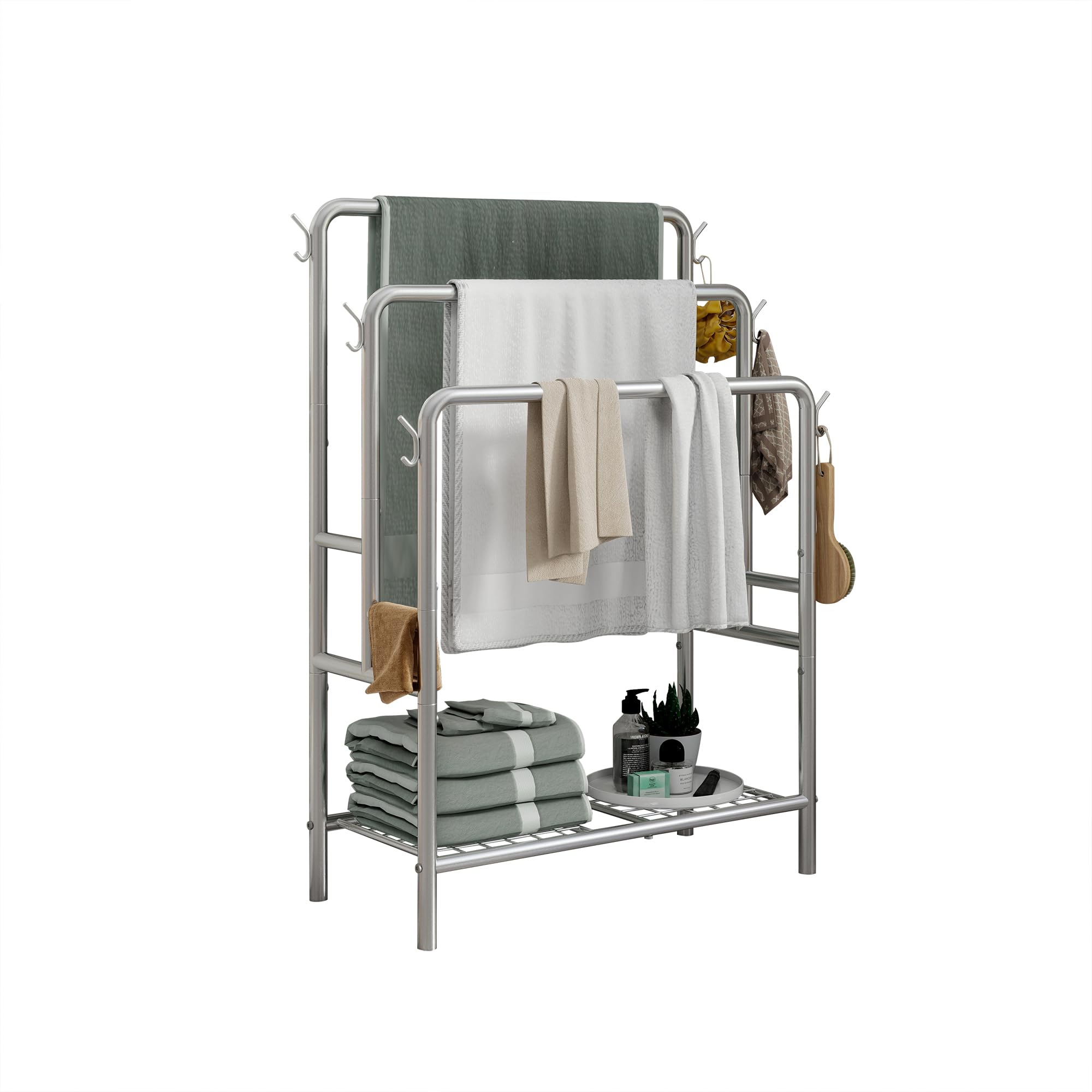 VERFARM Free Standing Towel Rail, Towel Rack, Towel Holder and Towel Drying Rack with 3 Tier Metal Ladder Towel Stand Rail for Bathroom & Hand Towel, Silver