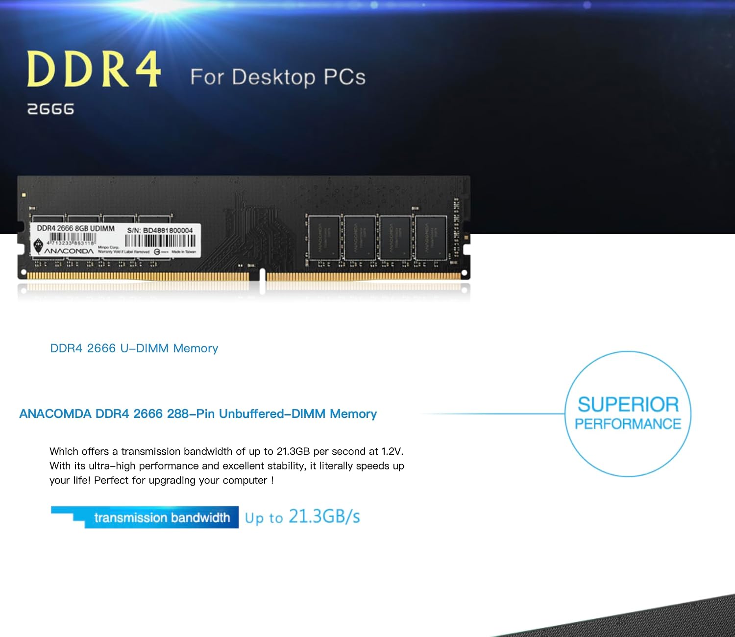 ANACOMDA 8GB DDR4 2666MHz Desktop RAM, 288-Pin UDIMM CL19 Memory Module, Stable & Reliable PC Upgrade, Meets JEDEC & RoHS Standards, Made in Taiwan