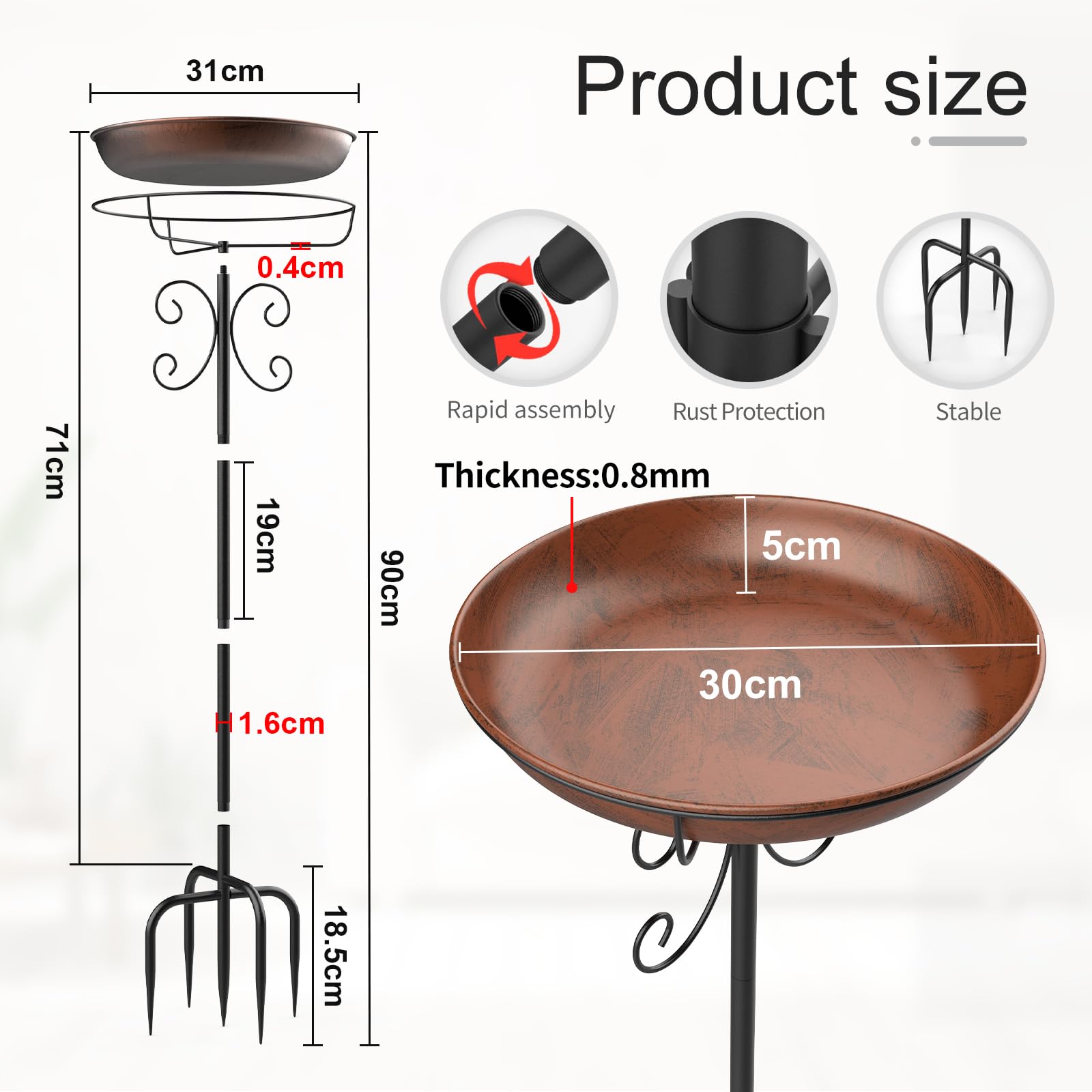 EFUTURETIME Abbeveratoio Grande in Metallo per Uccelli Con Supporto φ 30 × 90 cm Vaschetta per Uccelli Vassoio Regolabile in Altezza per Giardino Esterno Balcone, Colore Bronzo