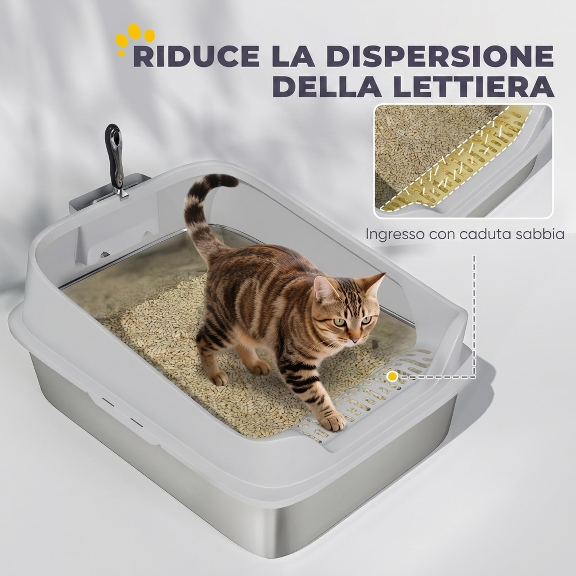 PawHut Lettiera per Gatti XXL in Acciaio Inox, Fino a 12 kg, Grigio