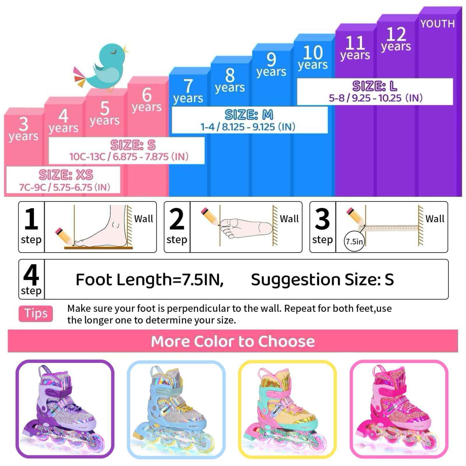 Nattork Patins à roulettes réglables en ligne pour enfants - 4 tailles - Pour l'intérieur et l'extérieur
