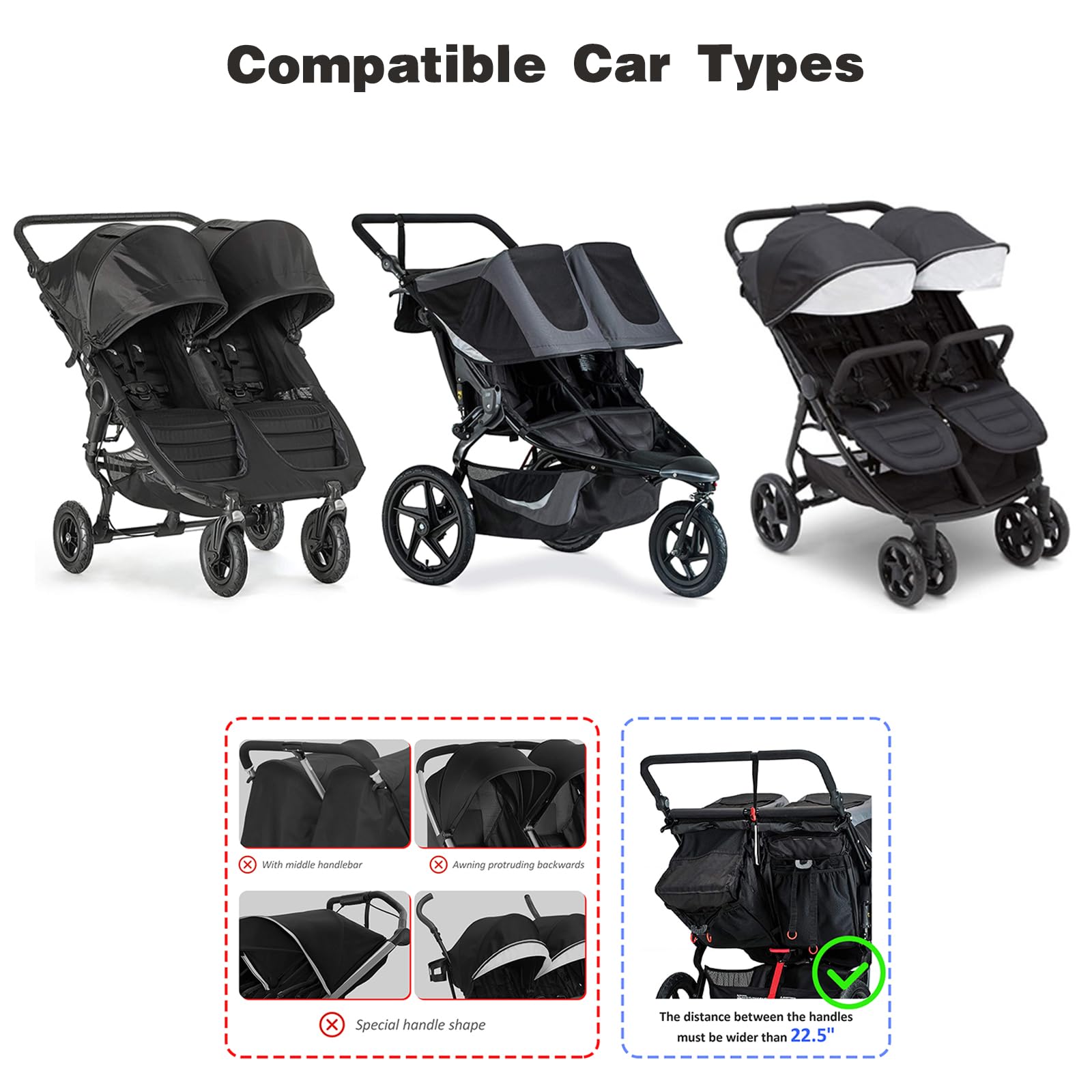 Organizer doppio per passeggino con 2 portabicchieri e 4 tasche con coperchi, grande borsa portaoggetti per passeggino BOB Duallie Double e Baby Jogger City Mini GT