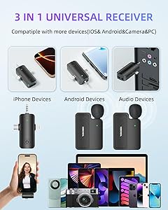 KOSCHEAL 2 Pack Mini Microphone, 3 in 1 Wireless Microphone for iPhone iPad, Camera and Android Devices with Noise Cancellation,Lapel Mic for Video Recording Vlog, YouTube, Interview