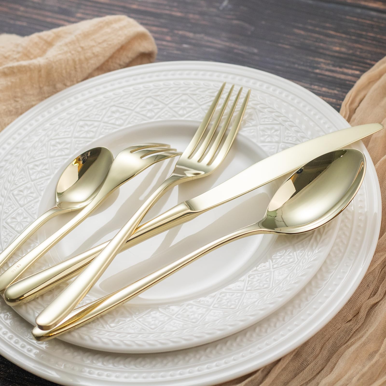 Alata Vienna 18/10 Edelstahl Poliert, Besteck Set 6 Personen Champagner Gold, Essbesteck 30 teilig, Glänzend, Spülmaschinenfest