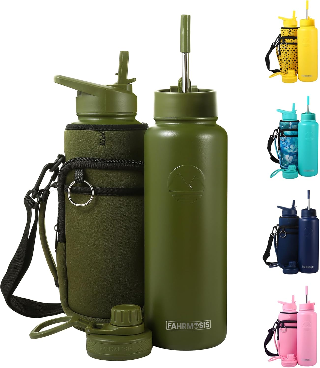40 Oz Water Bottle with Strap Stainless Steel Sports Water Bottle with 3 Lids (Straw, Chug and Flip Lid) Insulated Leak Proof Metal Jug for Men & Women – Army Green