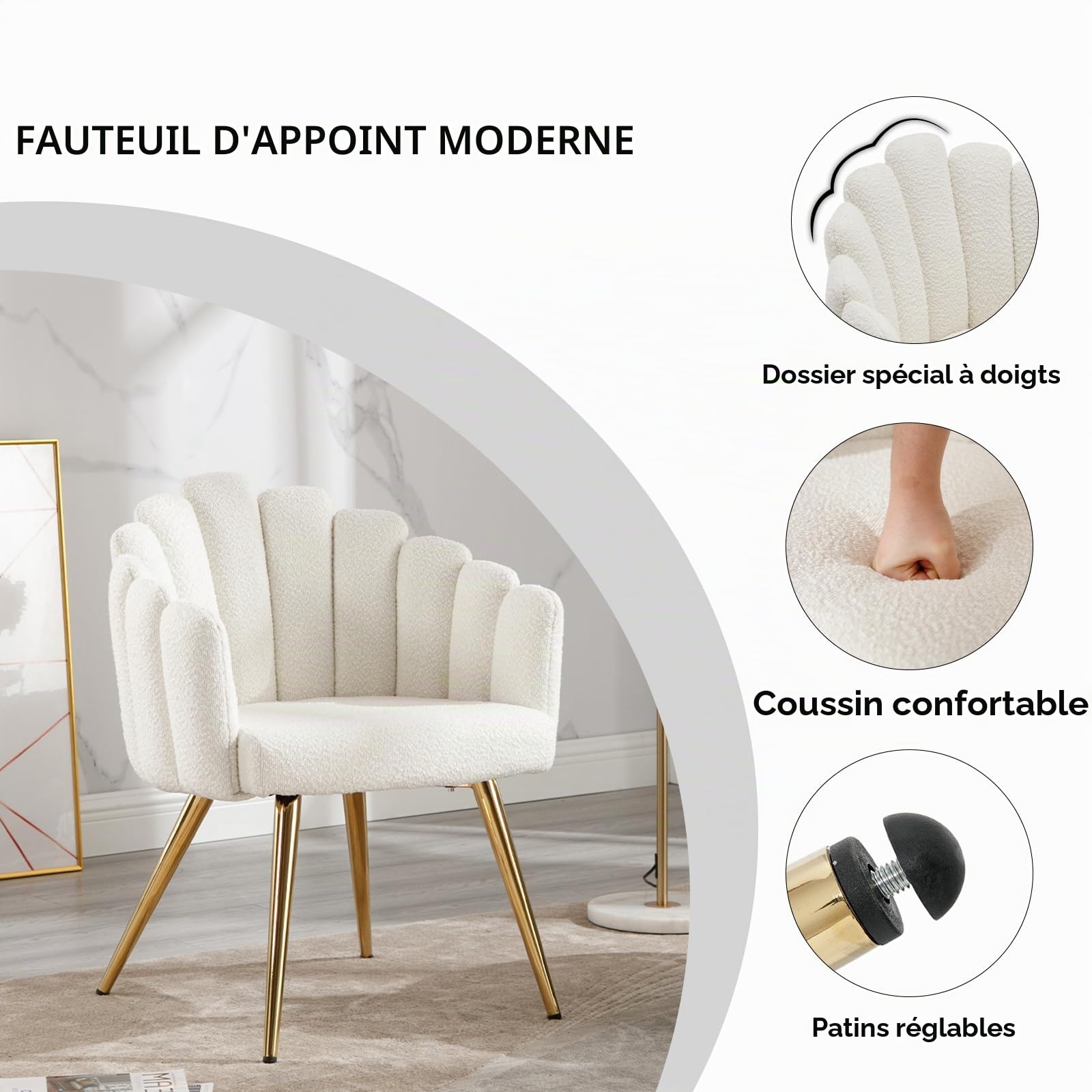 Ya-Home Fauteuils de Salon Rembourrés avec Pieds en Métal Doré, Blanc