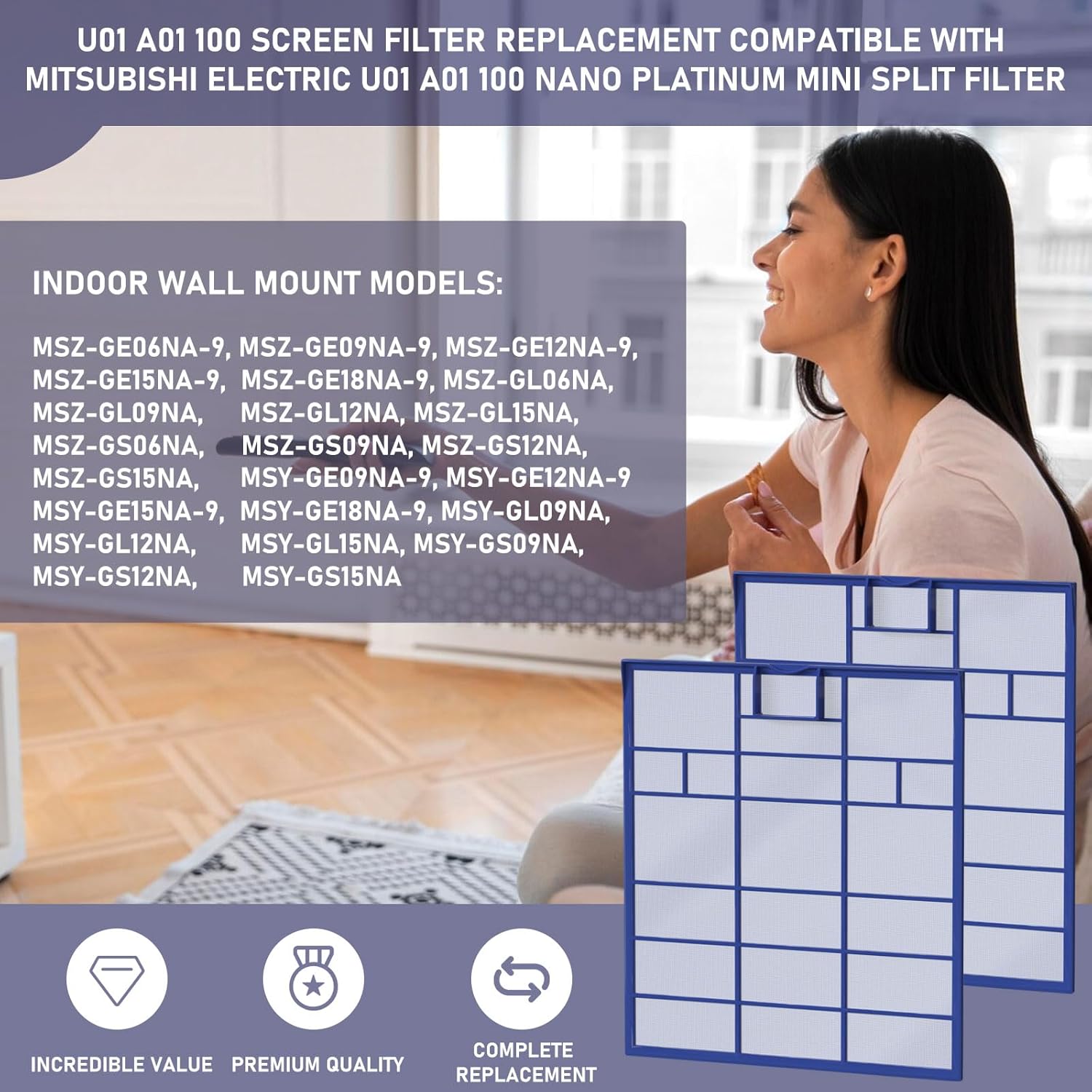 U01 A01 100 Replacement Filter Compatible with Mitsubishi Electric U01 A01 100 Nano Platinum Mini Split Filter, 2 Pack
