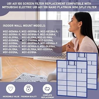 U01 A01 100 Replacement Filter Compatible with Mitsubishi Electric U01 A01 100 Nano Platinum Mini Split Filter, 2 Pack