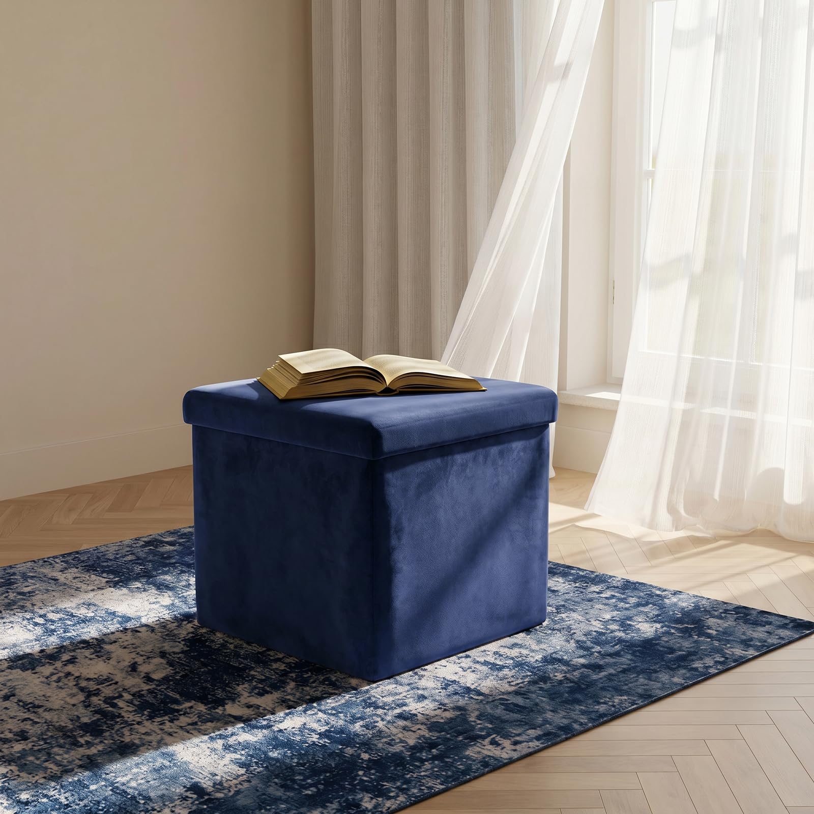 OHS Storage Ottoman Cube Matte Velvet Folding Pouffe Storage with Lid, Navy — image 1