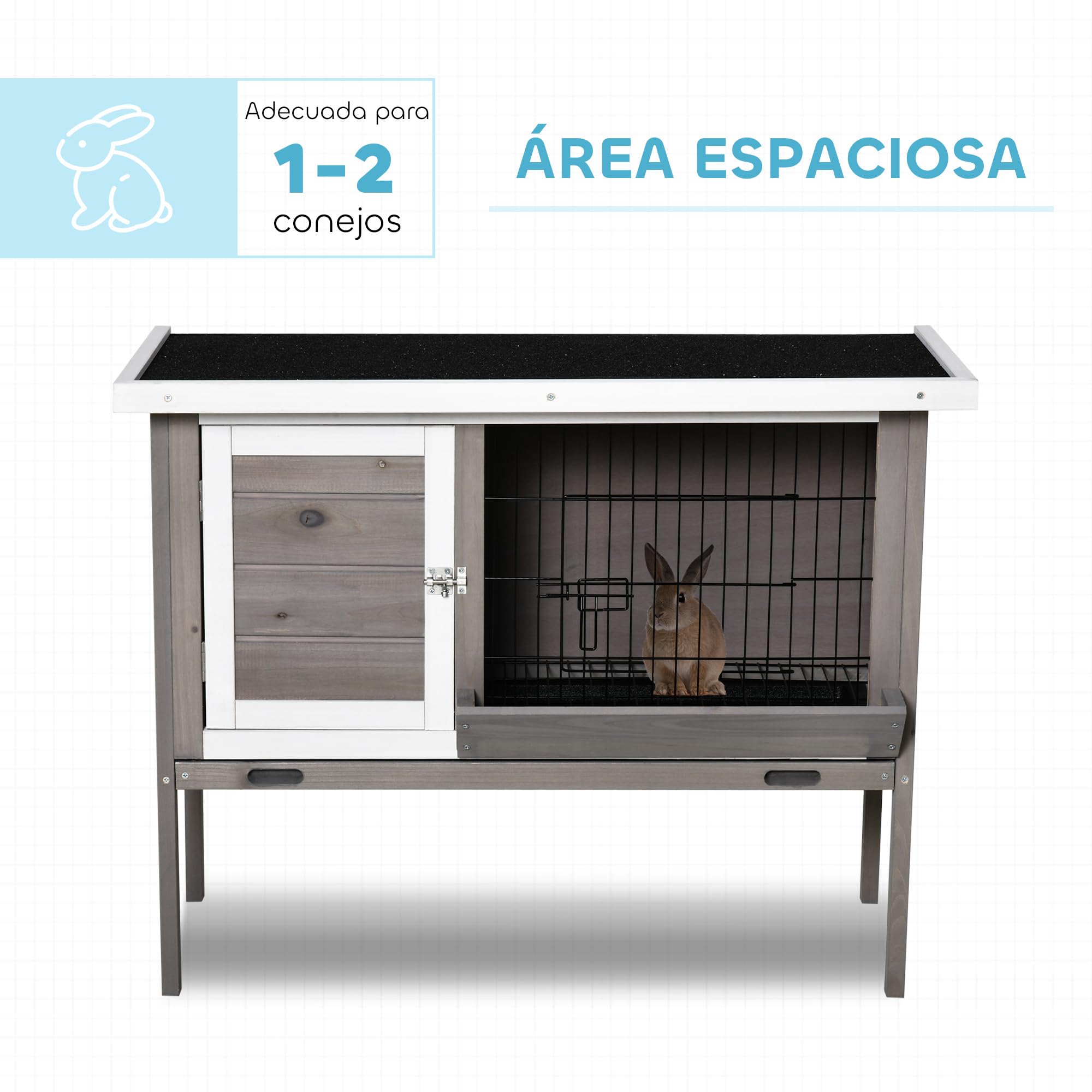 PawHut Conejera de Madera Elevada Jaula para Conejos con Techo Asfáltico Abatible Puertas con Pestillo Bandejas Desmontables Conejera para Exterior 91x46x71 cm Gris