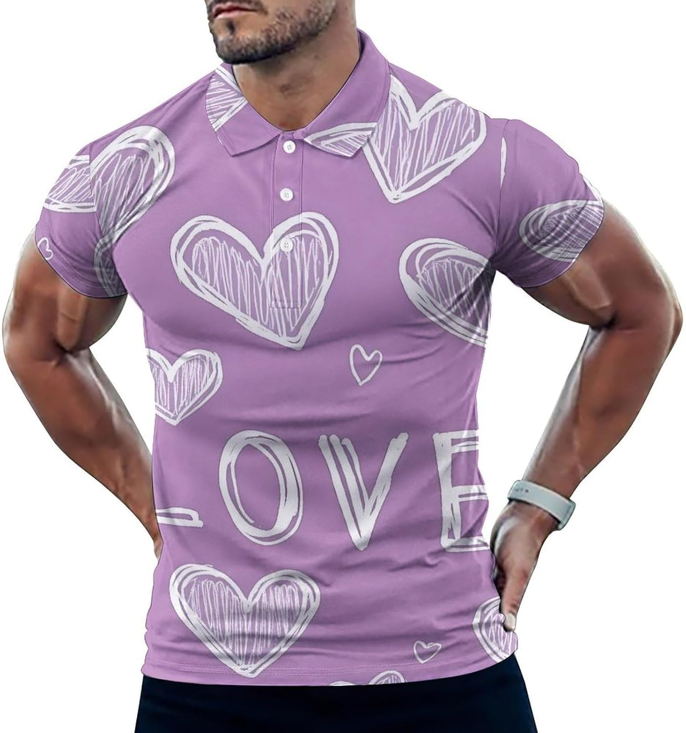 Purple Love Heart Men's Polo Golf Shirts Collared T-Shirt | short sleeve,three button,quick dry,machine washable,summer tee top