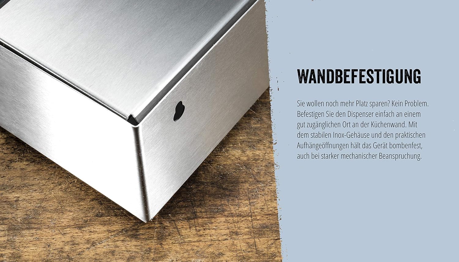 Dispenser jet-cut in inox 45 cm per pellicola, incluso un rotolo da 45 cm x 500 m Jet-Cut.