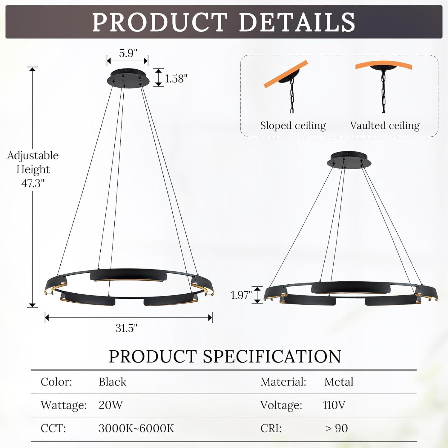 Modern Black LED Chandelier with Remote Control, 31.5" 20W 3-Color Temperature Dimmable Living Room Chandelier, Hanging Adjustable Ceiling Light for Dining Room Kitchen Island Bedroom