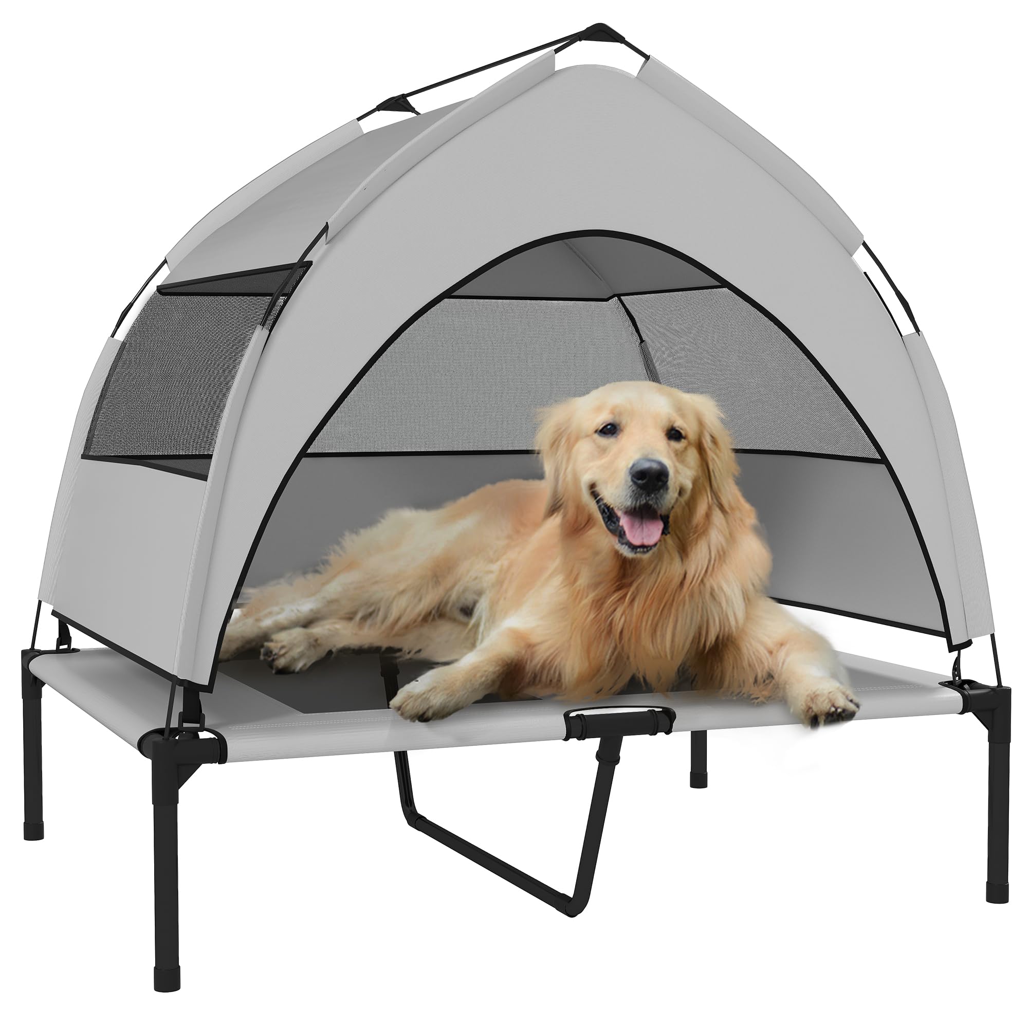 PawHut Elevated Dog Bed with Removable Canopy, Portable Cooling Raised Pet Cot with Breathable Mesh, Storage Bag, for Indoor Outdoor Use, for Medium Large Dogs, 92 x 75 x 85 cm, Light Grey