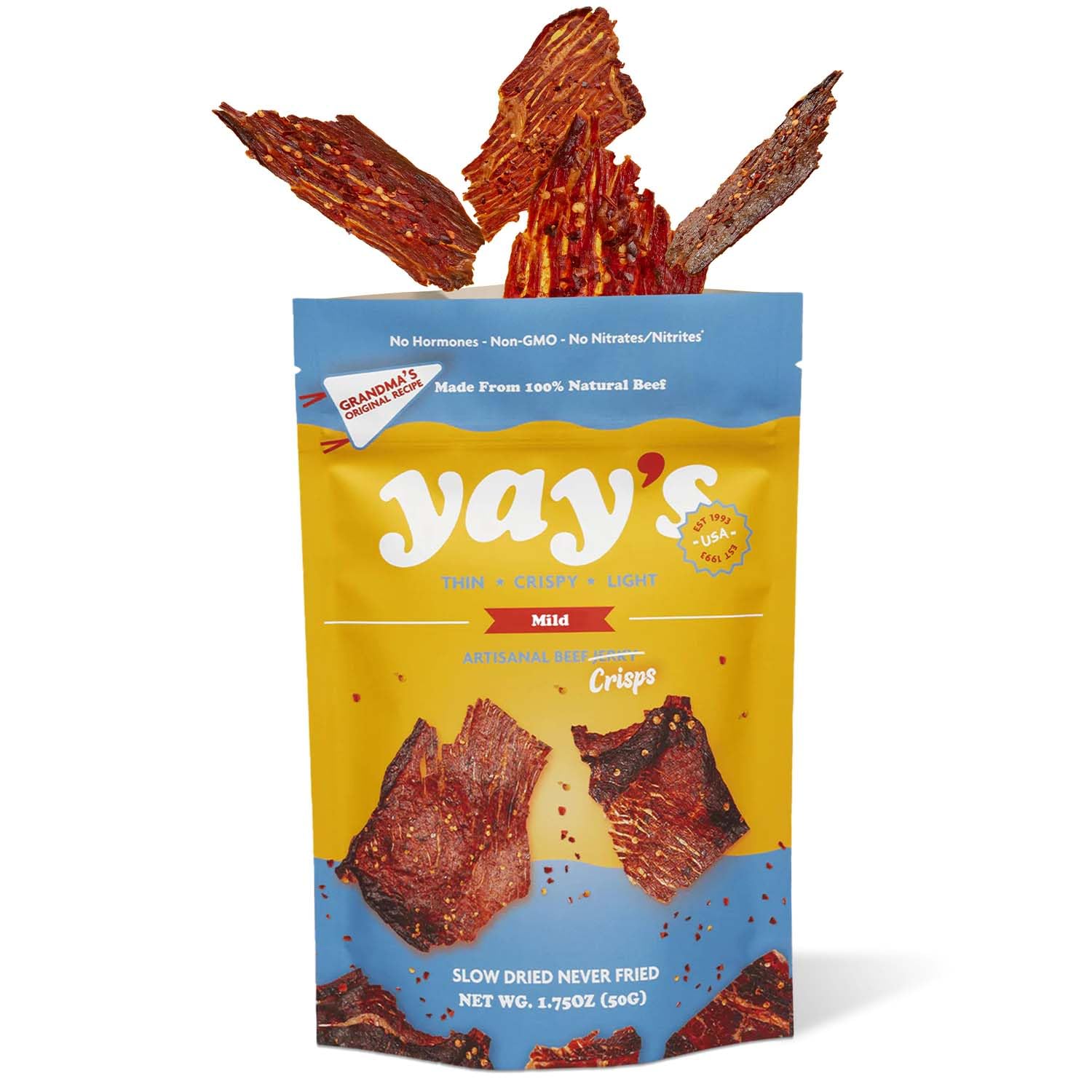 Yay's Snacks Sweet and Spicy Beef Crisps | Crispy, Crunchy, High Protein Snacks | Mild Beef Jerky with 24G Protein Snacks Per Bag | Healthy Meat Snacks Non-GMO, USA Made - 1 Packs (1.75 Oz Each)