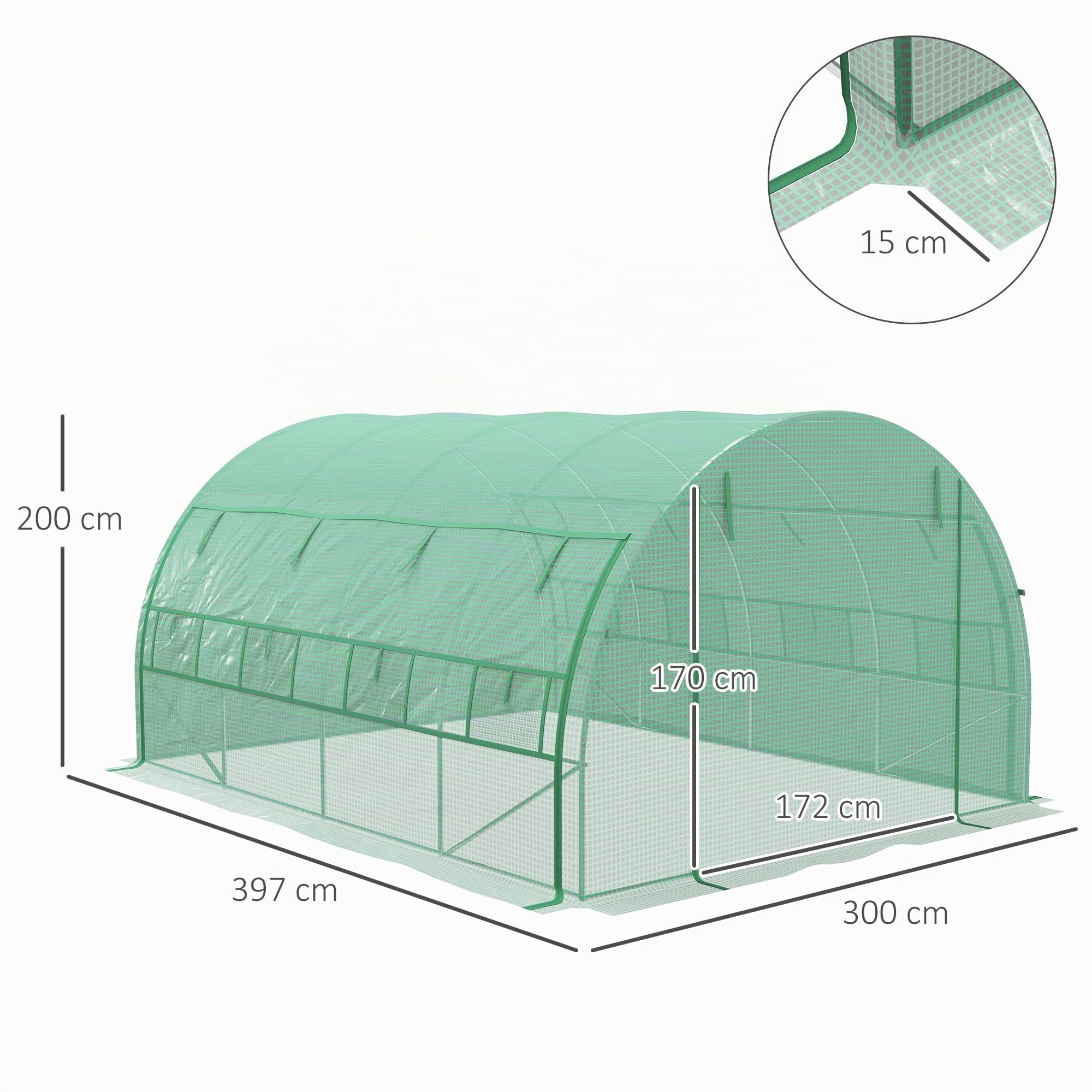 Outsunny Serra tunnel 4 x 3 x 2 m con pareti laterali arrotolabili Verde | Tenda serra walk-in, telaio acciaio, copertura rinforzata, porta cerniera, 8 finestre a rete, per giardino