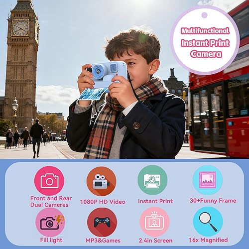 Miniatura 6 de Cámara de impresión instantánea para niños, regalos de cumpleaños de Navidad para niñas y niños, cámaras de impresión digital instantánea HD 1080P