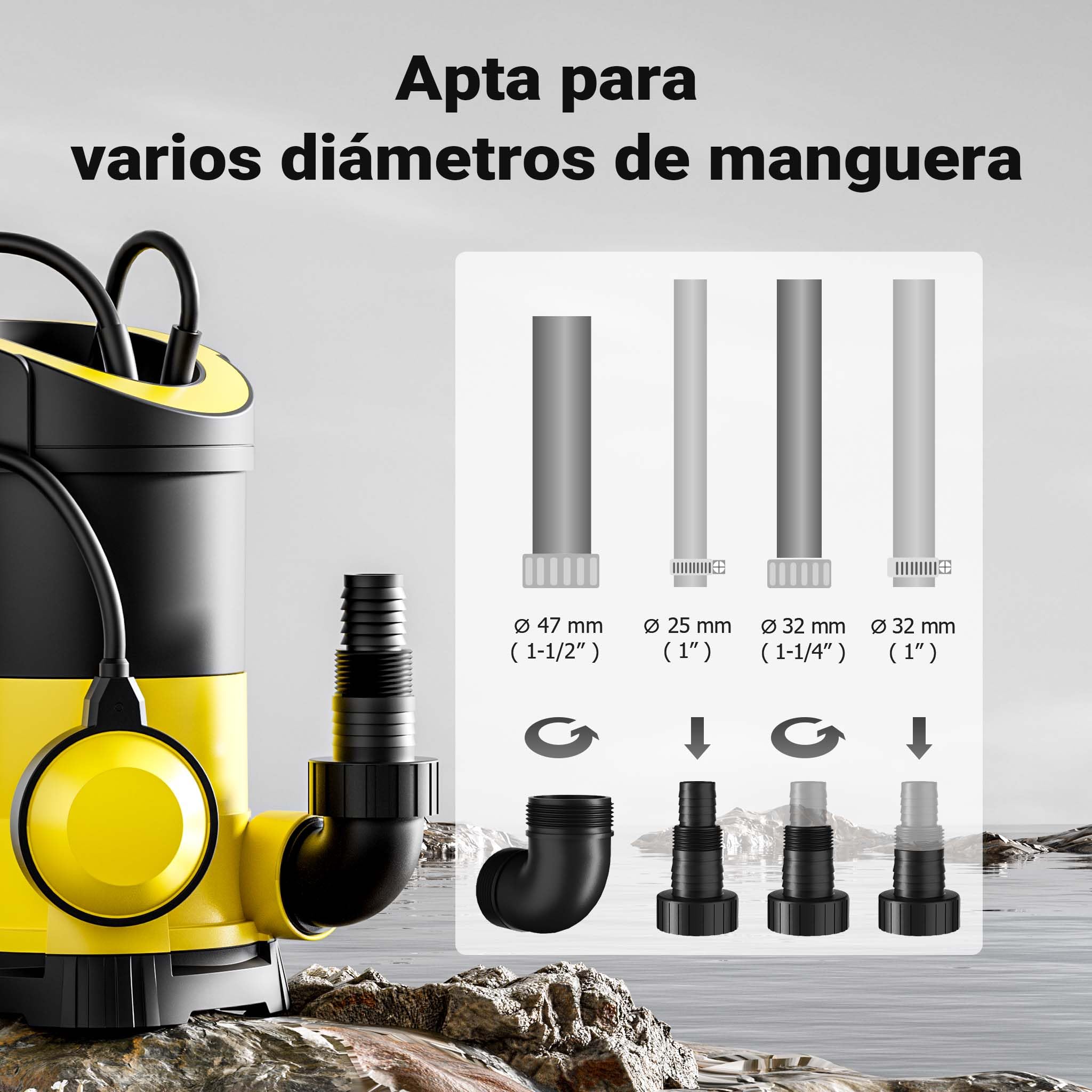 Bomba para aguas residuales caudal 7000 l/h, 400W, altura de 7,5m, transporta partículas hasta Ø5mm