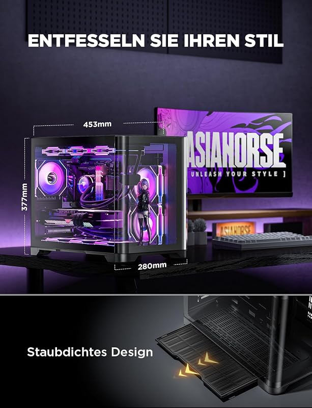 AsiaHorse MATX Dual Chamber 270° Tempered Glass Gaming PC Case Type-C