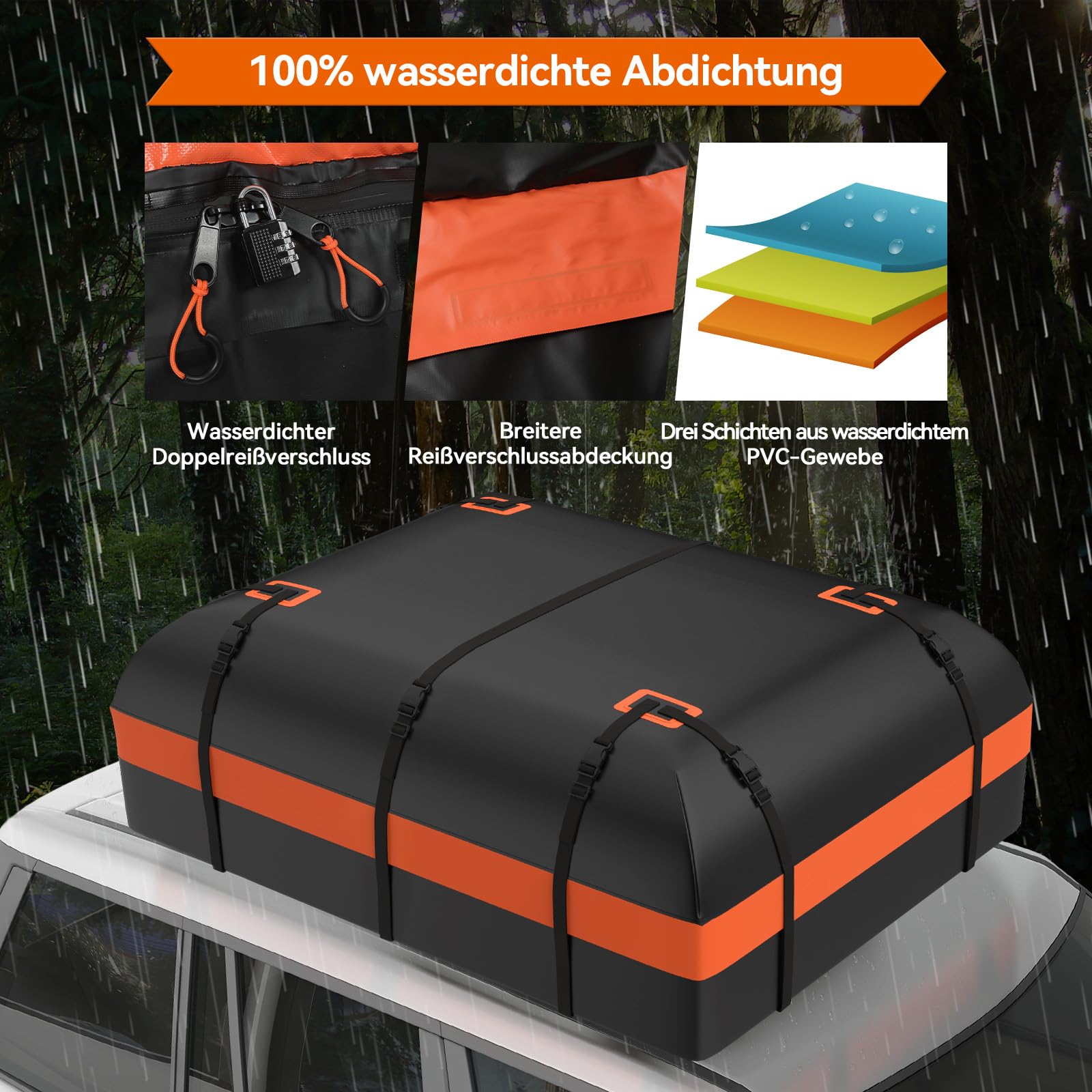 ZealWe Dachbox Auto 21 kubikfuß, Faltbare Dachtasche Dachkoffer Dachboxen Aufbewahrungsbox, Wasserdicht Dachgepäckträger Gepäckbox für Fahrzeuge mit/ohne Gepäckträger Gepäcktransport Vans, SUVs,Orange