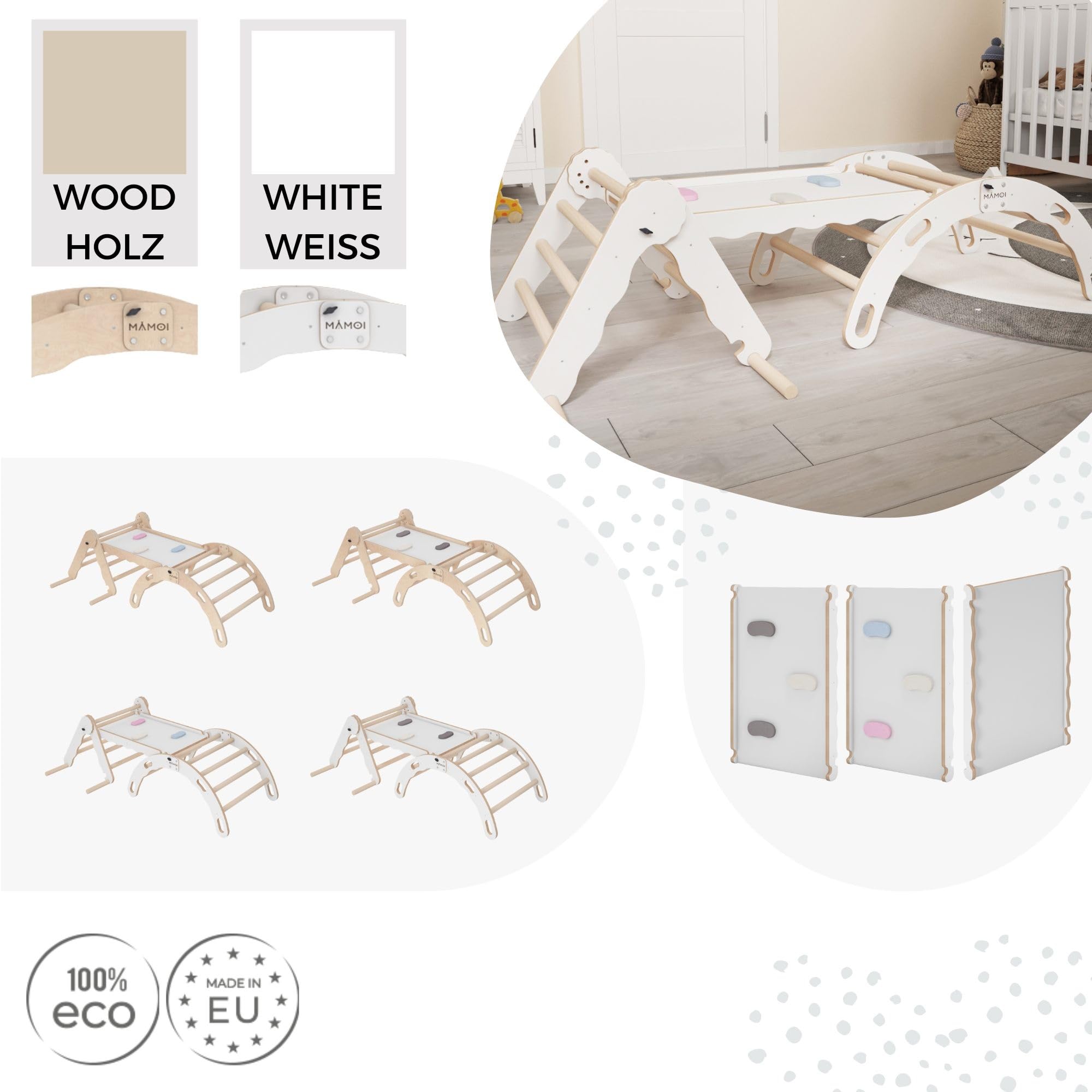 MAMOI® Set Klettergerüst Indoor, Kletterdreieck mit rutsche aus Holz, Kletterbogen, Klettergerüst mit Rutschbrett, Holzbogen für Spielplatz, Montessori