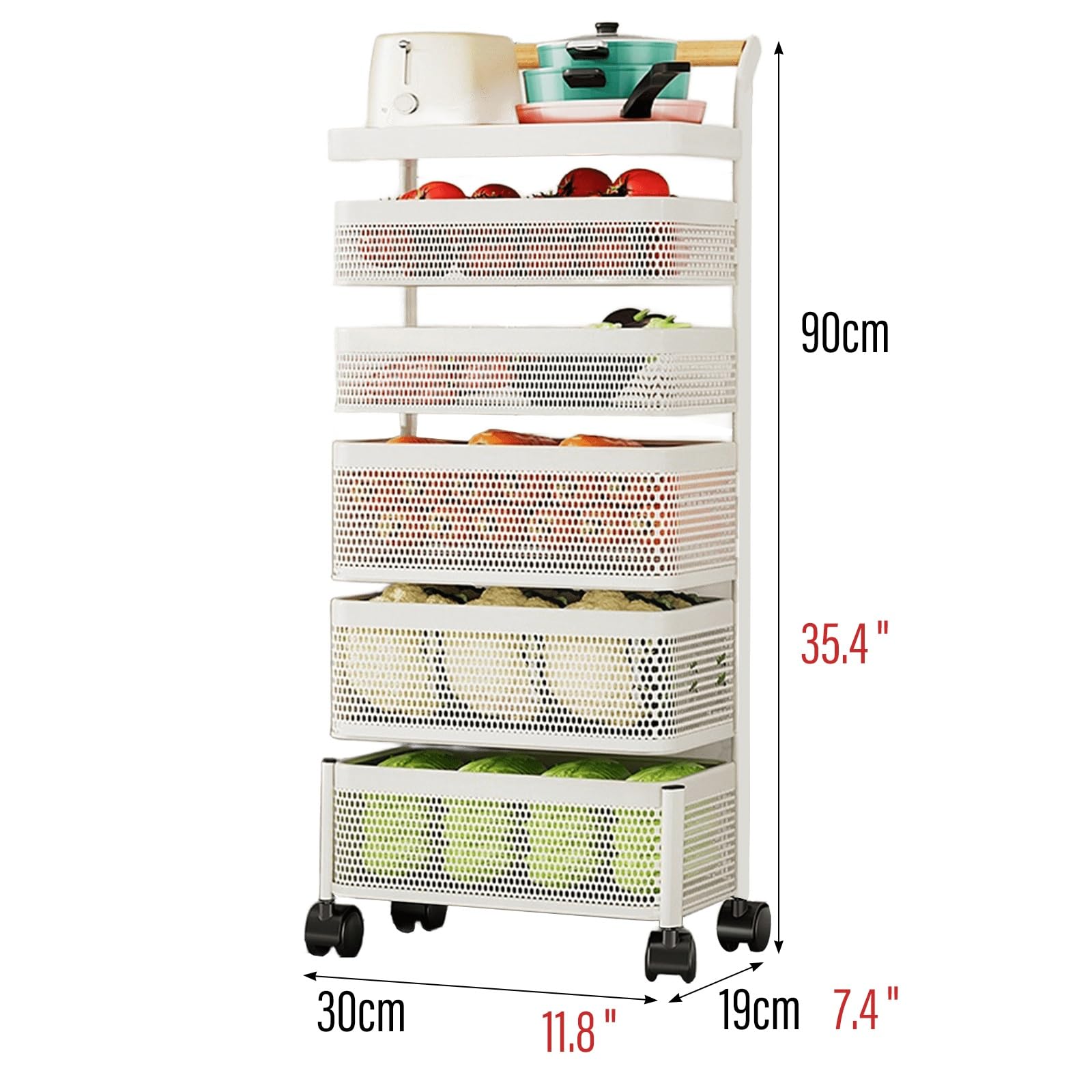 Organizery Kuchenne i Przechowywanie Duży Kosz Obrotowy o Pojemności 30cm Wózek do Przechowywania na Kółkach do Biura, Kuchni, Pralni i Wąskich Miejsc(White,30 * 19 * 90cm)
