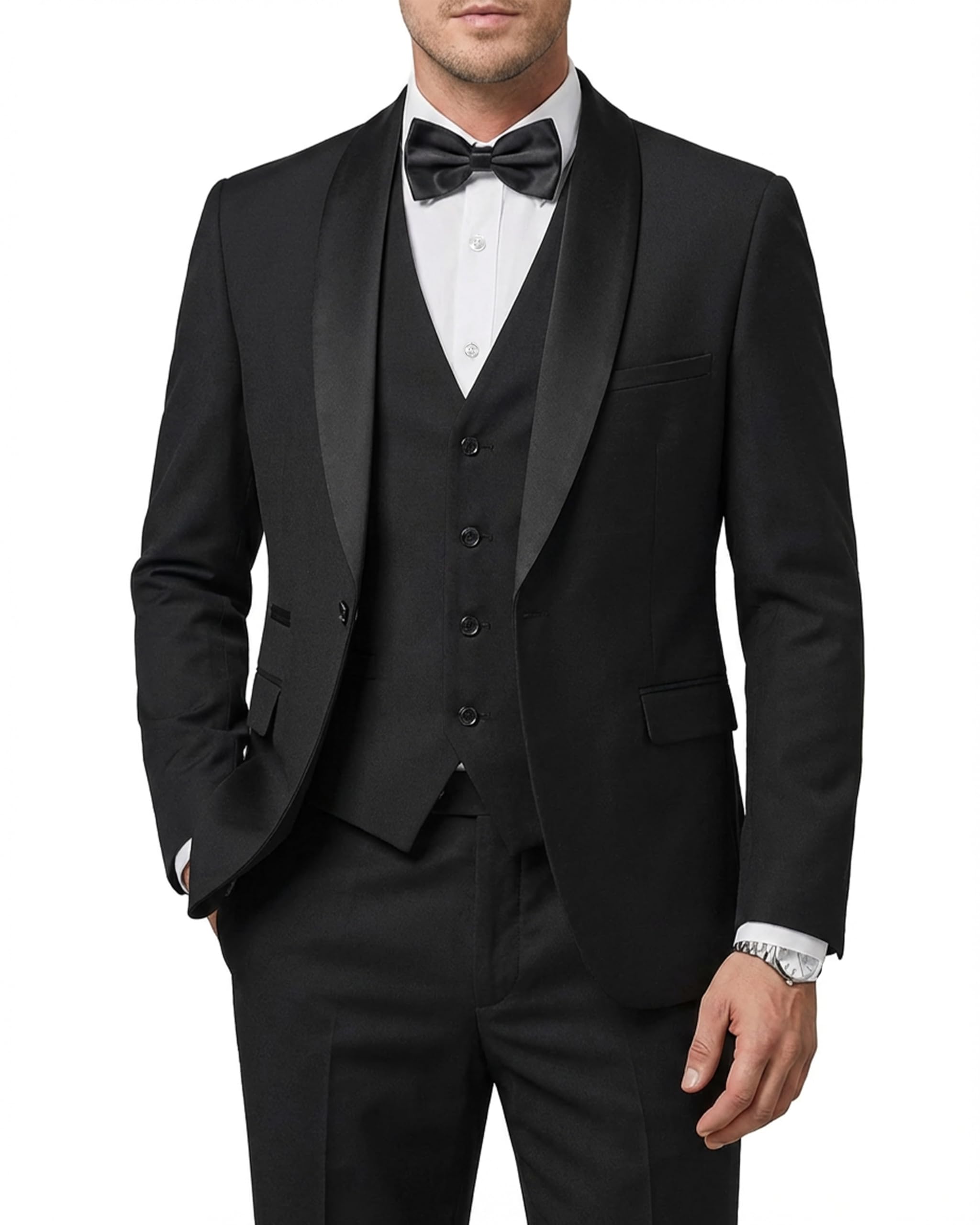MY'S Men's 3 Piece Tuxedo Set with Tie, Shawl Lapel Suit Blazer Vest Pants Global Recycled Standard Global Recycled Standard Global Recycled Standard