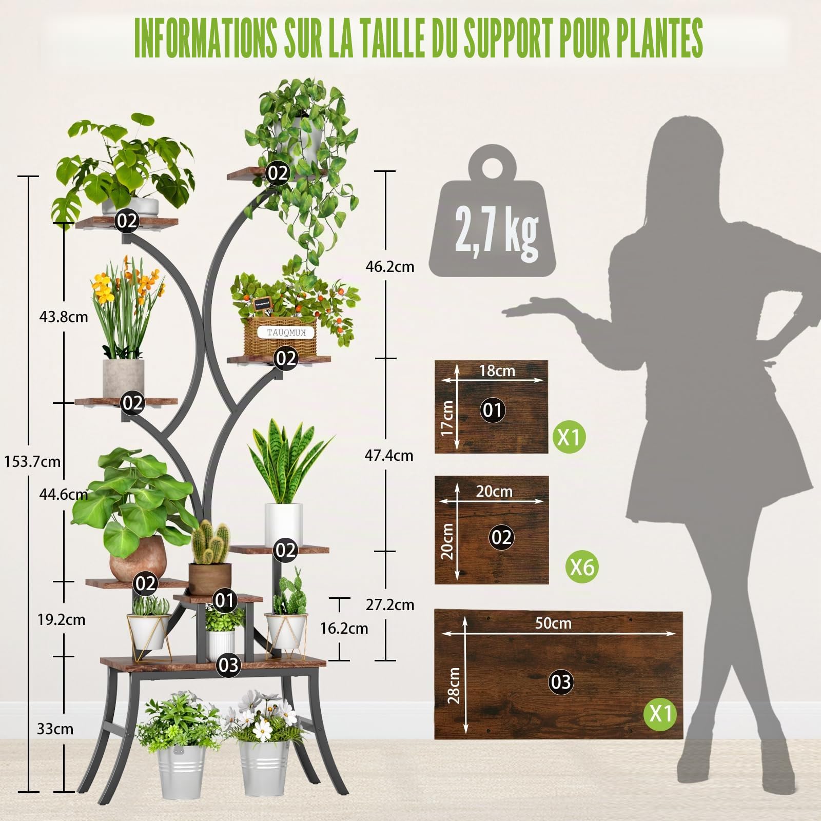 Support pour plantes d'intérieur avec lampes de croissance,étagère haute à 8 niveaux,160cm présentoir d'angle en métal pour fleurs support pour plantes pour terrasse