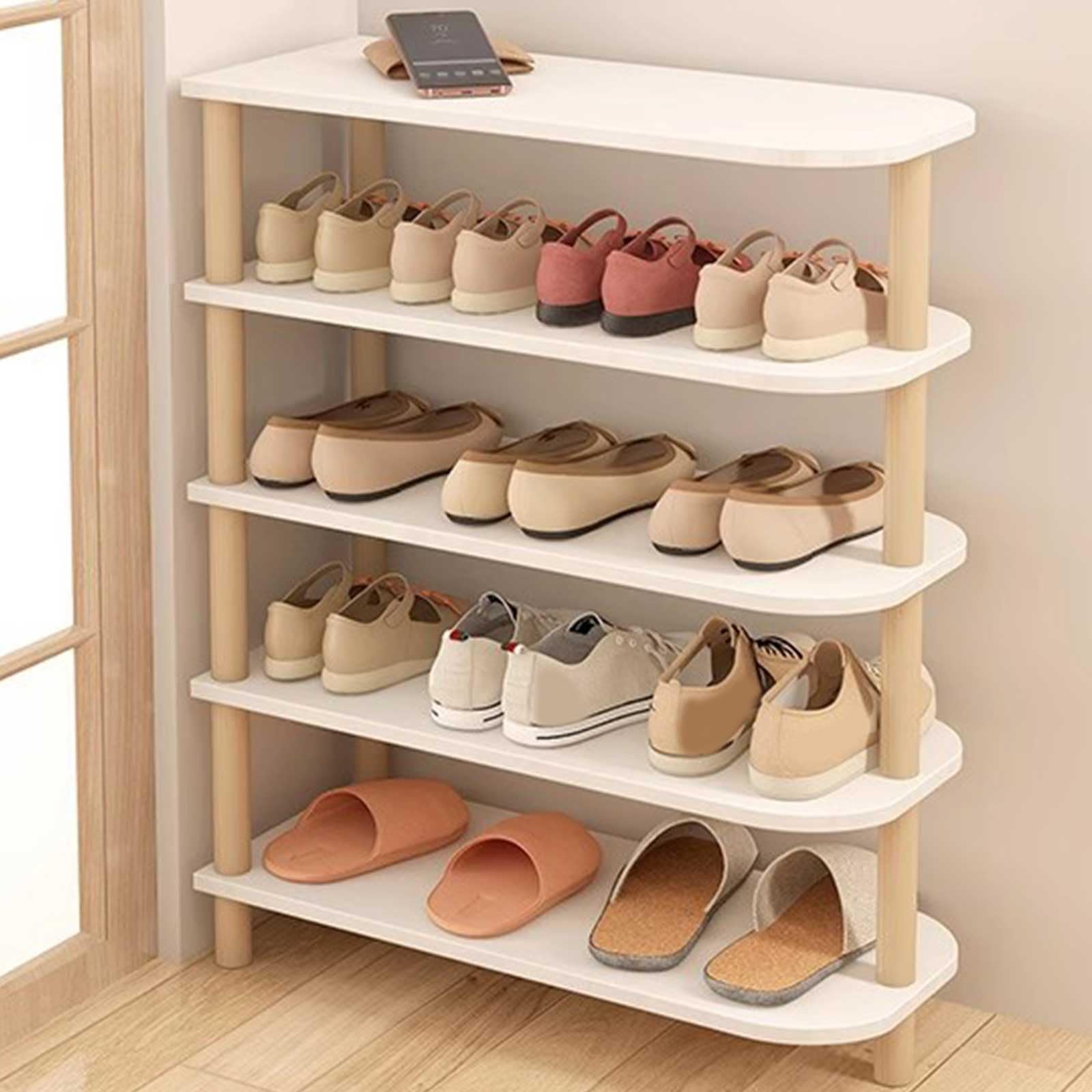 WHGURVH Narrow Wooden Shoe Rack 4Tier High Shoe Orga SpaceSaving Corner Shoe Cabinet for Entryway & Living Room Natural Finish Perfect for Small Spaces 80cm(5 Tier 60cm)