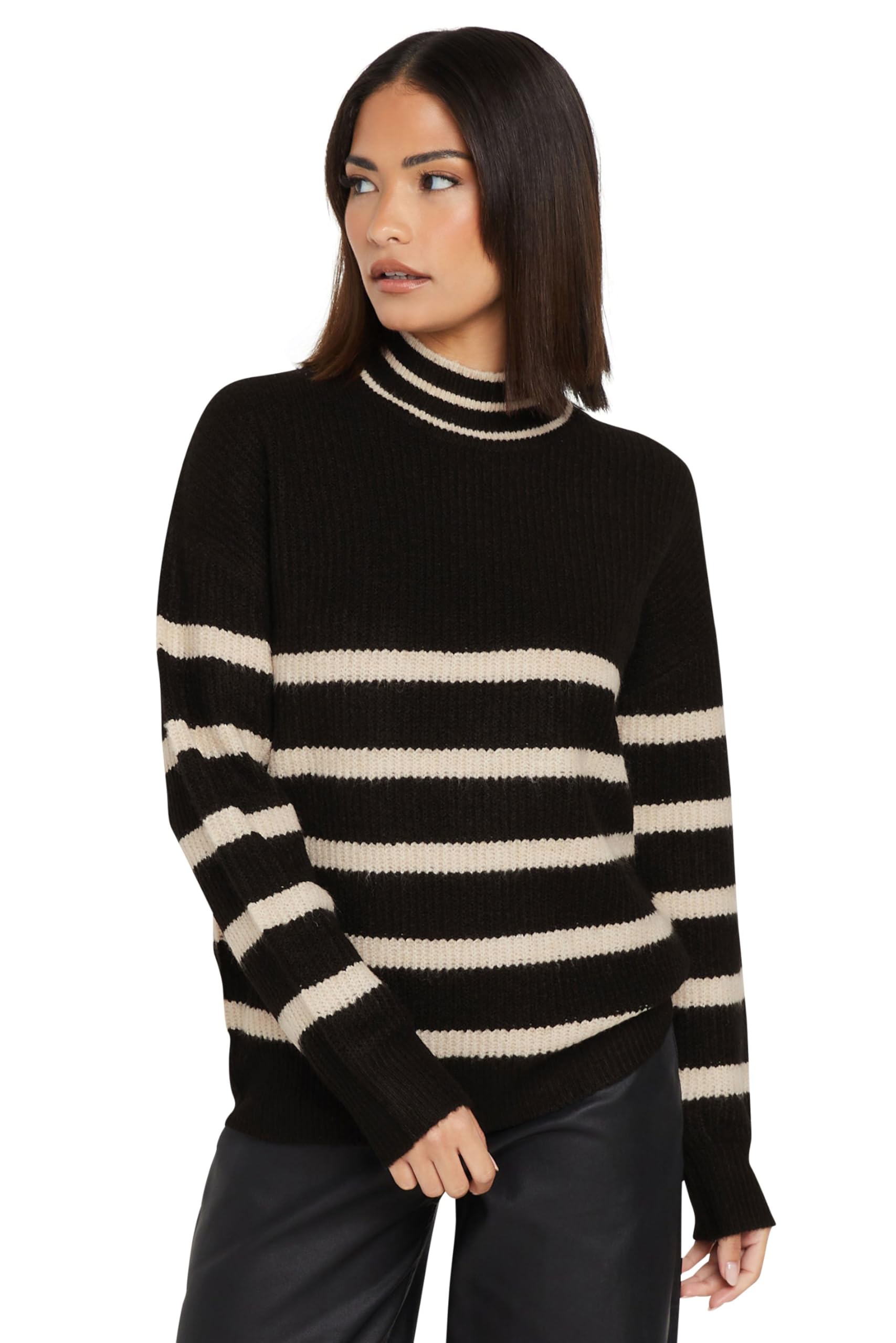 Pixiegirl Women's Black Petite Stripe High Neck Knitted Jumper Size 12-14