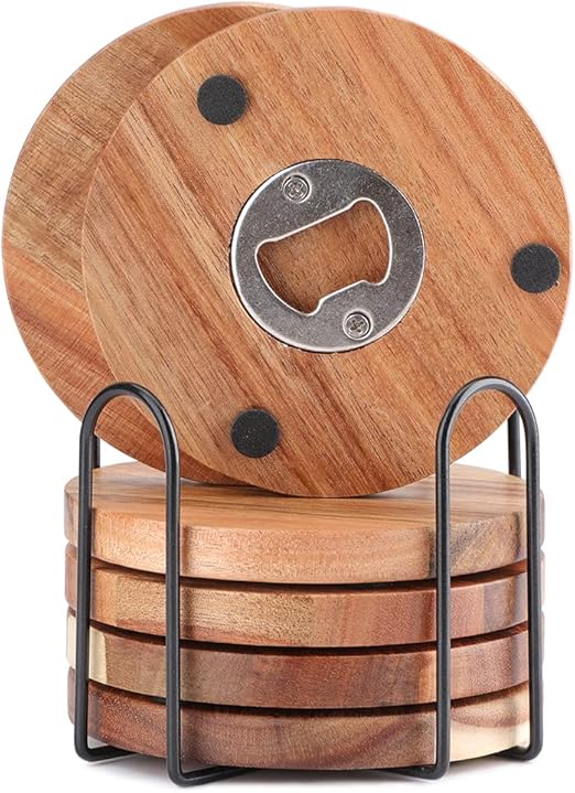 Wood Coasters for Drinks with Bottle Opener Holder Set of 6