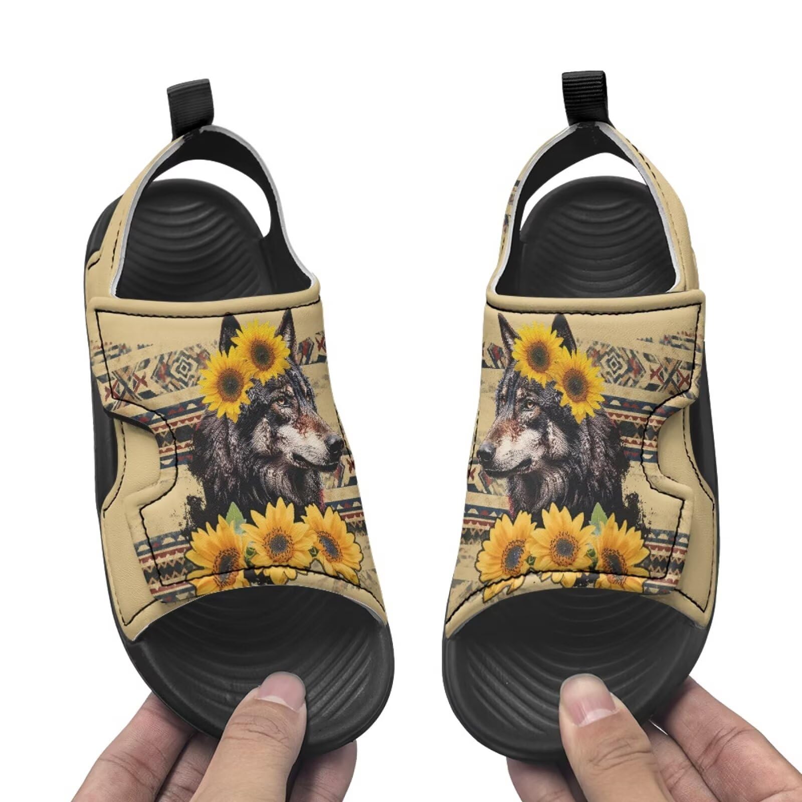 Pointodoor Boys Wolf Sandals Kids Open Toe Summer Water Shoes Size 12.5 Sunflower Outdoor Athletic Sport Sandals Adjustable Hook and Loop