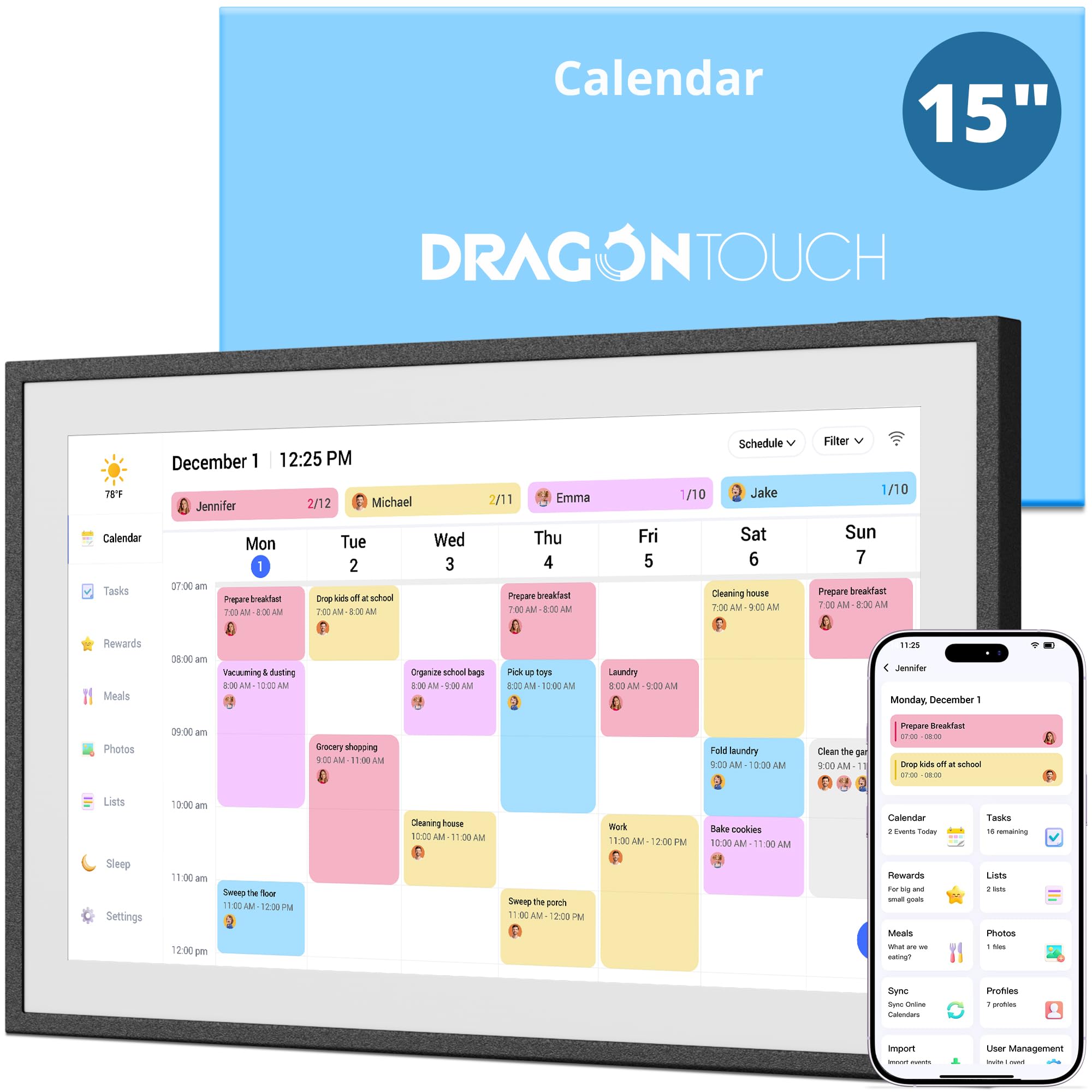 Dragon Touch 15.6" Digital Calendar Chore Chart – 1080P Full HD Interactive Touchscreen, Smart Family Planner, Hearth Display Digital Calendar Wall & Desk Mountable for Seamless Scheduling Black