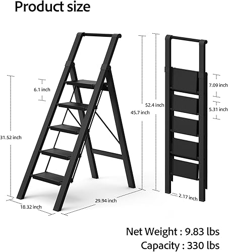Miniatura 7 de Escalera de 5 escalones, taburete plegable ligero con cómodo agarre, escalera de aluminio de capacidad de 330 libras para oficina, hogar, cocina