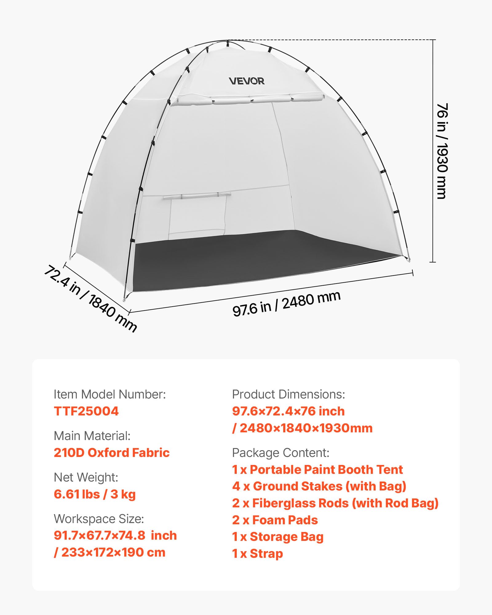 VEVOR Cabina de Pintura Portátil, Área de Trabajo de 233 x 172 x 190 cm, Impermeable, con Suelo Integrado y Puerta Enrollable para Armarios, Sillas y Mesas, para Proyectos Fluidos, Color Blanco
