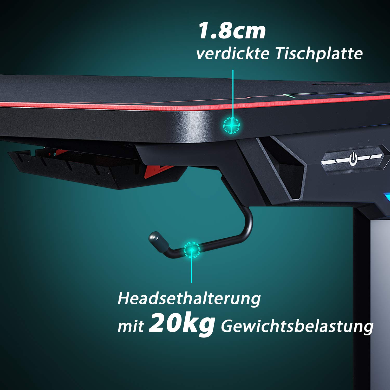 SONNI Gaming Tisch mit LED,140cm großer Oberfläche/PC Tisch/Gaming Desk,2-3 Monitore aufstellbar mit Mausunterlage,Getränkehalterung und Kopfhörerhaken
