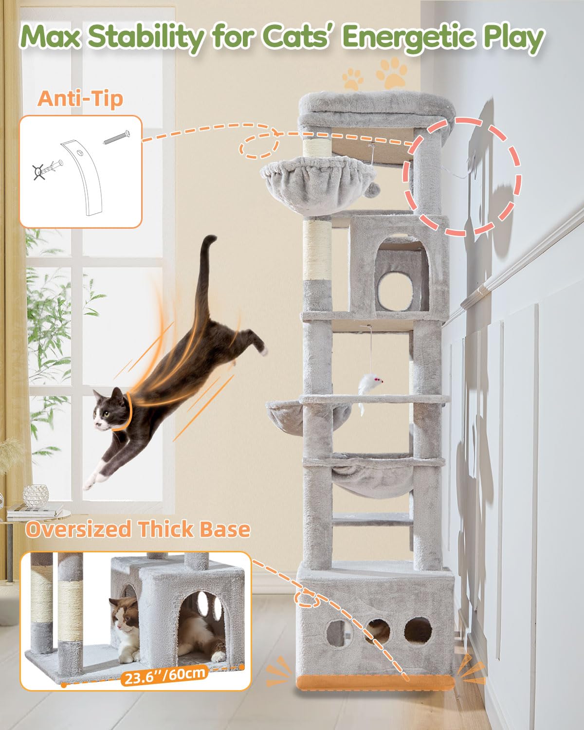 Taoqimiao 72 Inch Cat Tree, XXL Cat Tower for Indoor Cats Large Adult 25Lbs+, Extra-Large Platform, 2 Cat Houses, 7 Scratching Post, Extra-Sized Durable Hammock, Cozy Basket, Smoky Gray, F20G: Light Gray