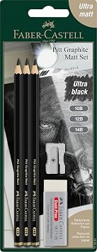 Faber-Castell Pitt Graphite Matt Pencils Set, Includes 3 Pencil 10B, 12B, 14B, Rubber Eraser, Sharpener, Ideal for Artists, Blending, Shading, Drawing, Sketching, Charcoal