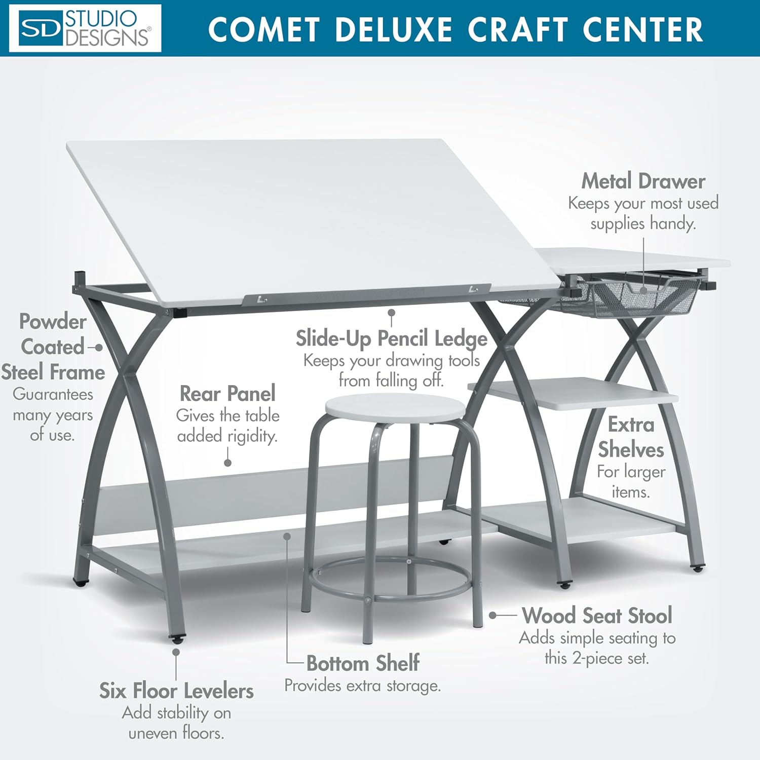 Deluxe Comet Craft Station with Stool, Adjustable Drafting & Art Desk with Storage Shelves, Pencil Ledge, Wire Mesh Drawer, 45° Tilting Top, Steel Frame, Silver/White