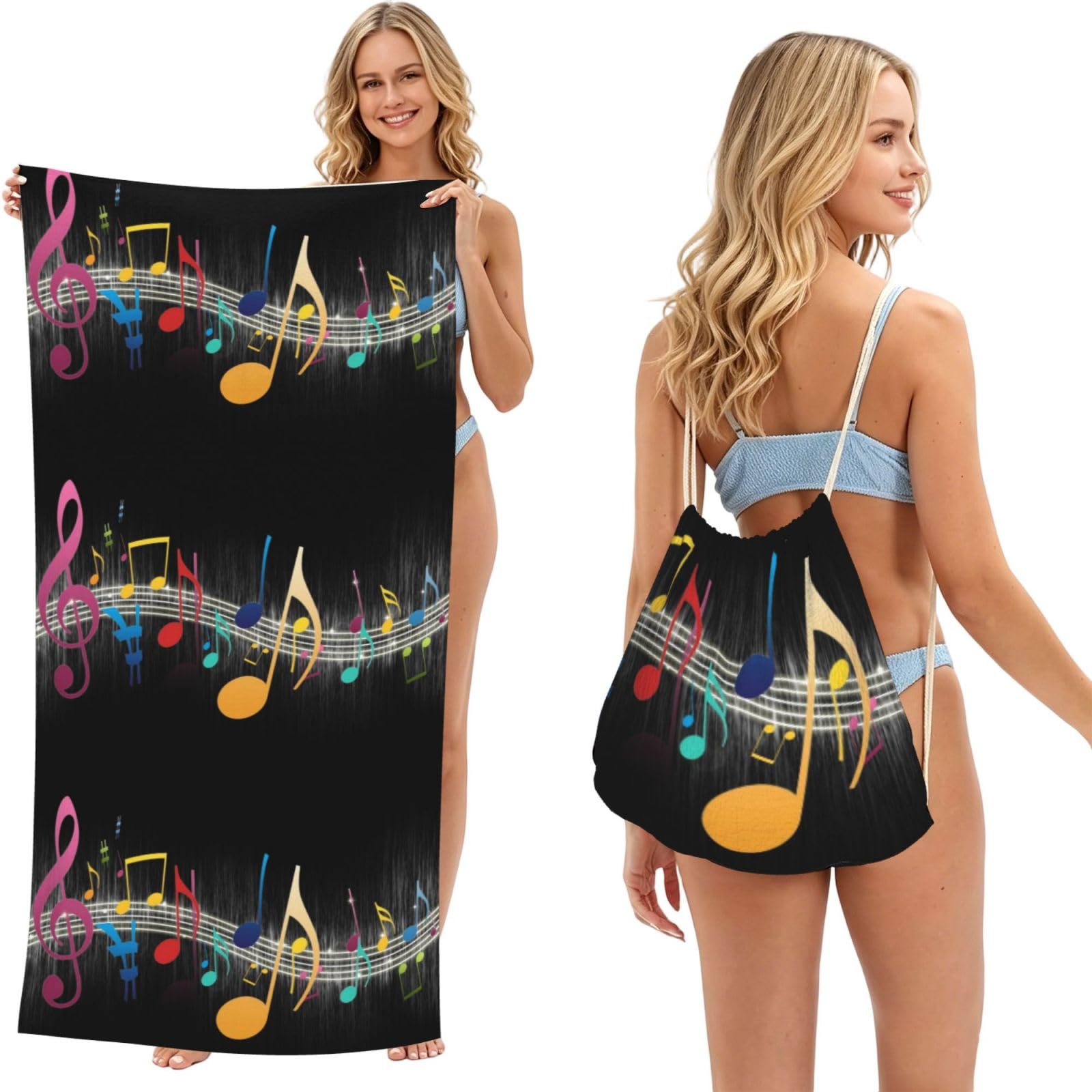 Poadnly As Picture Music Notes, 2 In 1 Packable Towel Bag, Beach Towels With Drawstring Backpack For Travel Holiday Camping