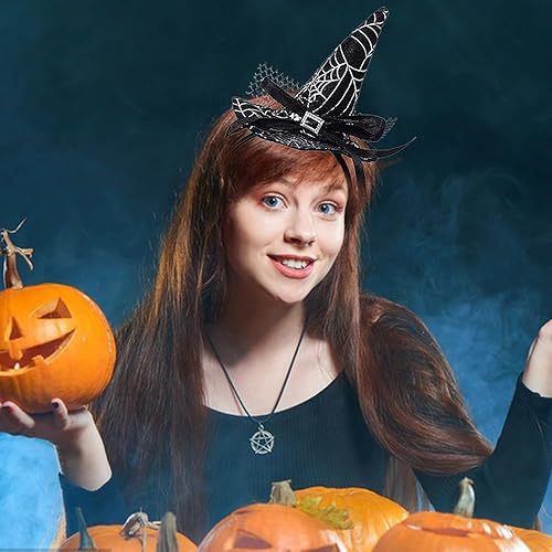 Miniatura 4 de Totelux Diadema con sombrero de bruja de Halloween, lindo aro de telaraña para mujeres y niñas, cosplay, maquillaje, decoración de disfraces,