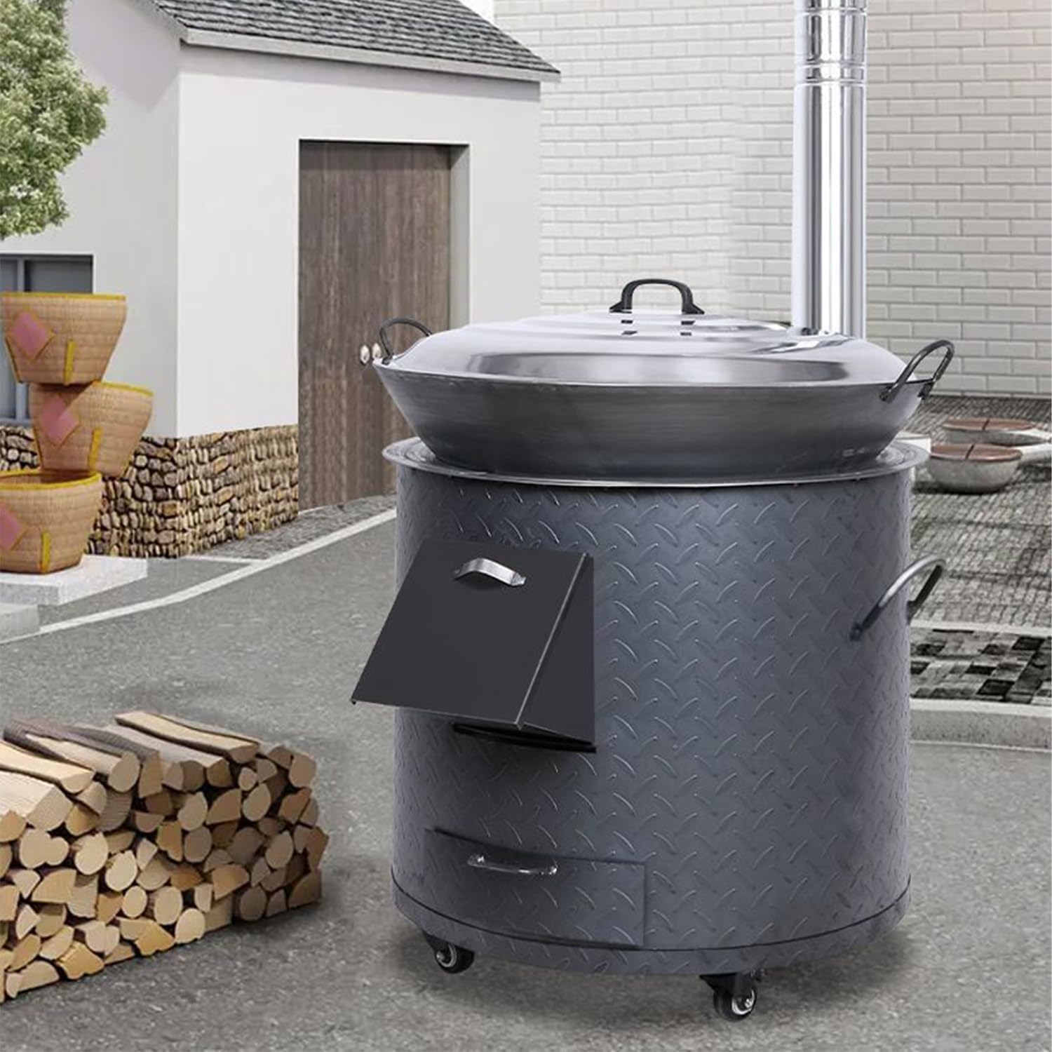 Multi-Function Wood-Burning Stove Ideal for outdoor heating, barbecuing, and picnics in gardens or open spaces Portable multi-purpose stove with wheels and chimney