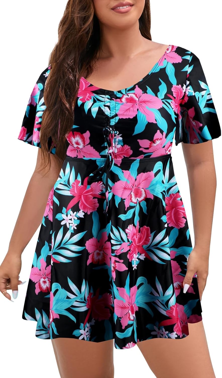 ECUPPER Womens One Piece Swimsuit with Sleeves Plus Size Swim Dress Modest Tummy Control Skirt Bathing Suit Built in Shorts