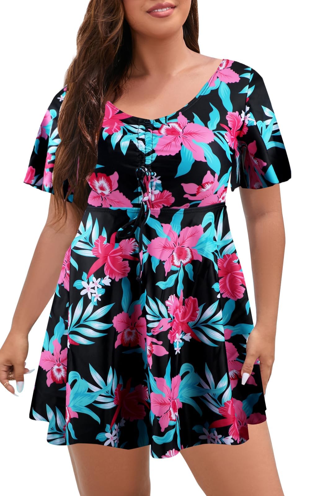 ECUPPER Womens One Piece Swimsuit with Sleeves Plus Size Swim Dress Modest Tummy Control Skirt Bathing Suit Built in Shorts