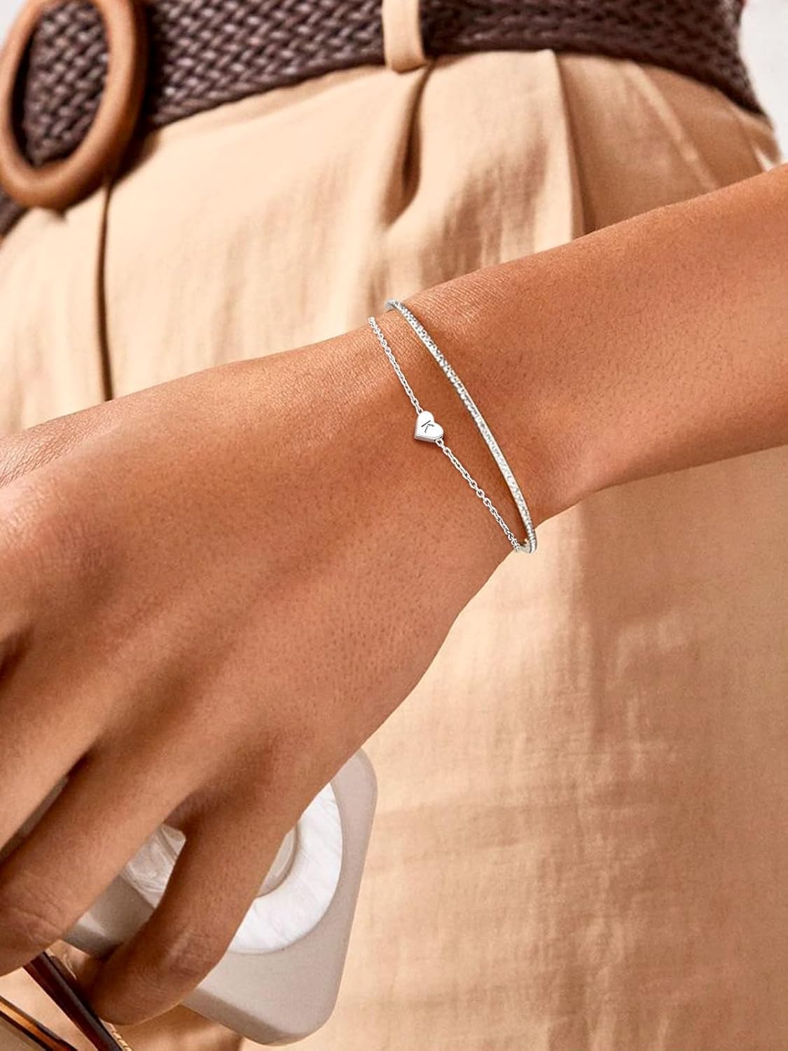 Sterling Silver Heart Letter Bracelets Silver Initial 18K White Gold Plated Bracelet Initial Charm 18K White Gold Plated Dainty Bracelet Jewelry Women Teen Couples Girlfriend - Image 3