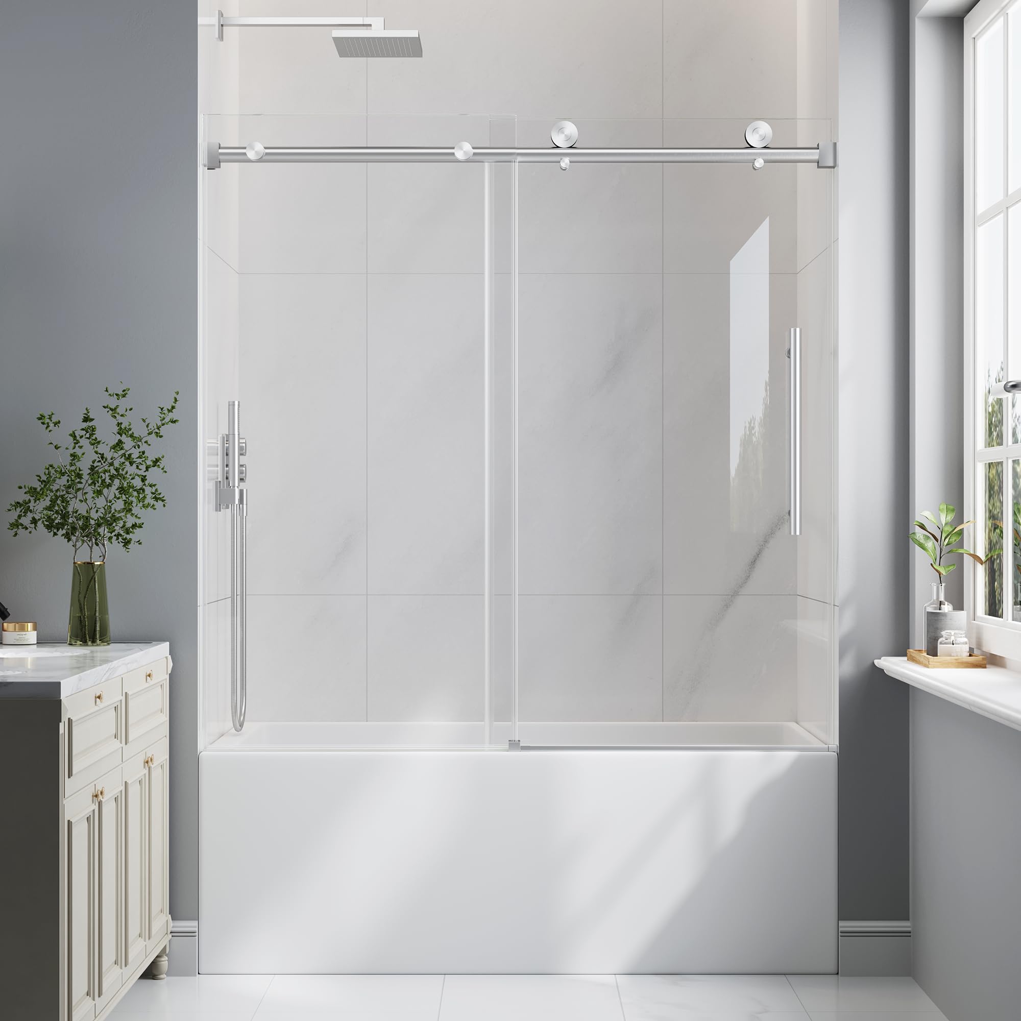 EASYWORC frameless sliding bathtub shower door brushed nickel