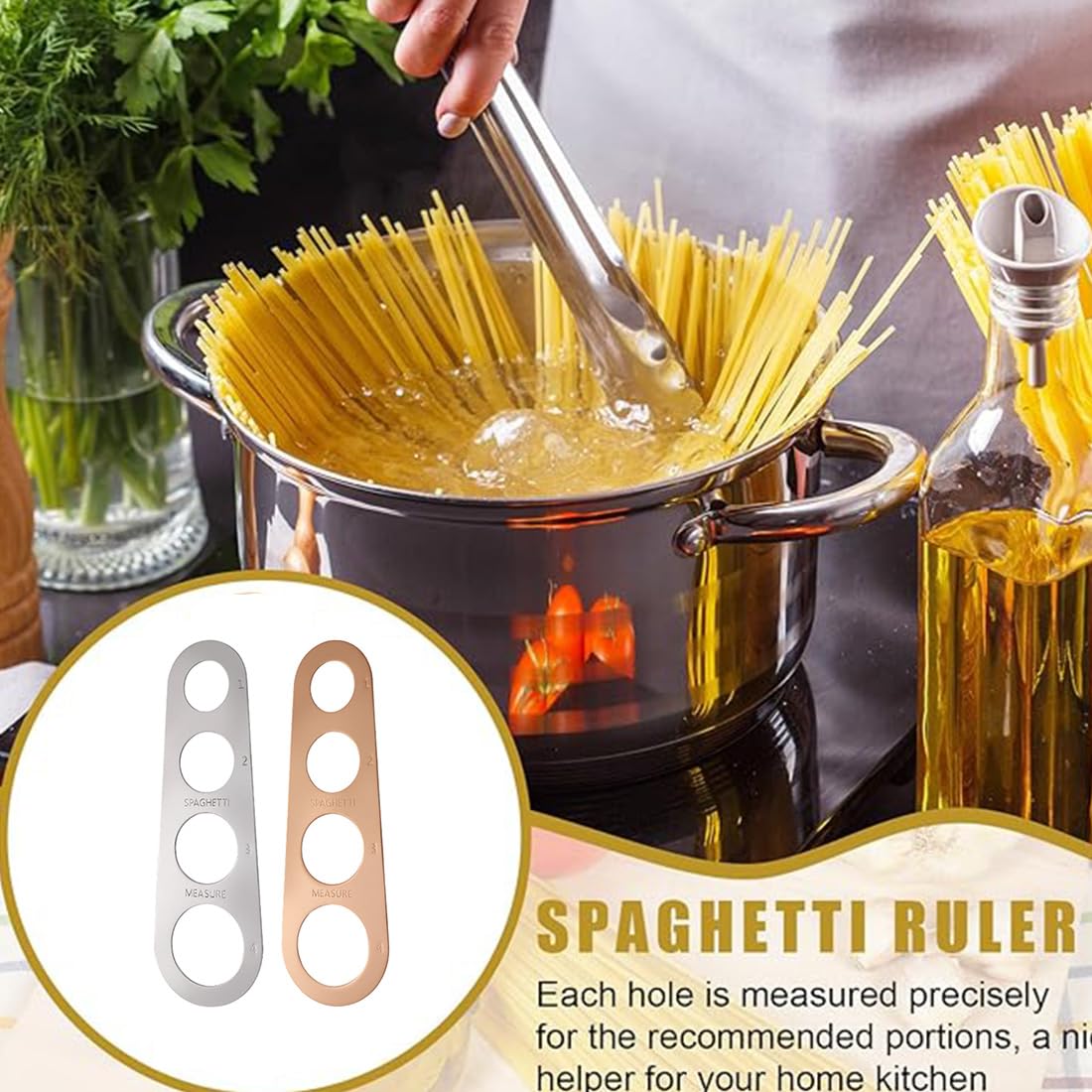 EIHI 2 Piezas Dispensador de fideos de acero inoxidable, Medidor de fideos de acero inoxidable, Medidor de fideos de 4 agujeros de acero inoxidable, Control de porciones de pasta Gadget（Oro y plata）